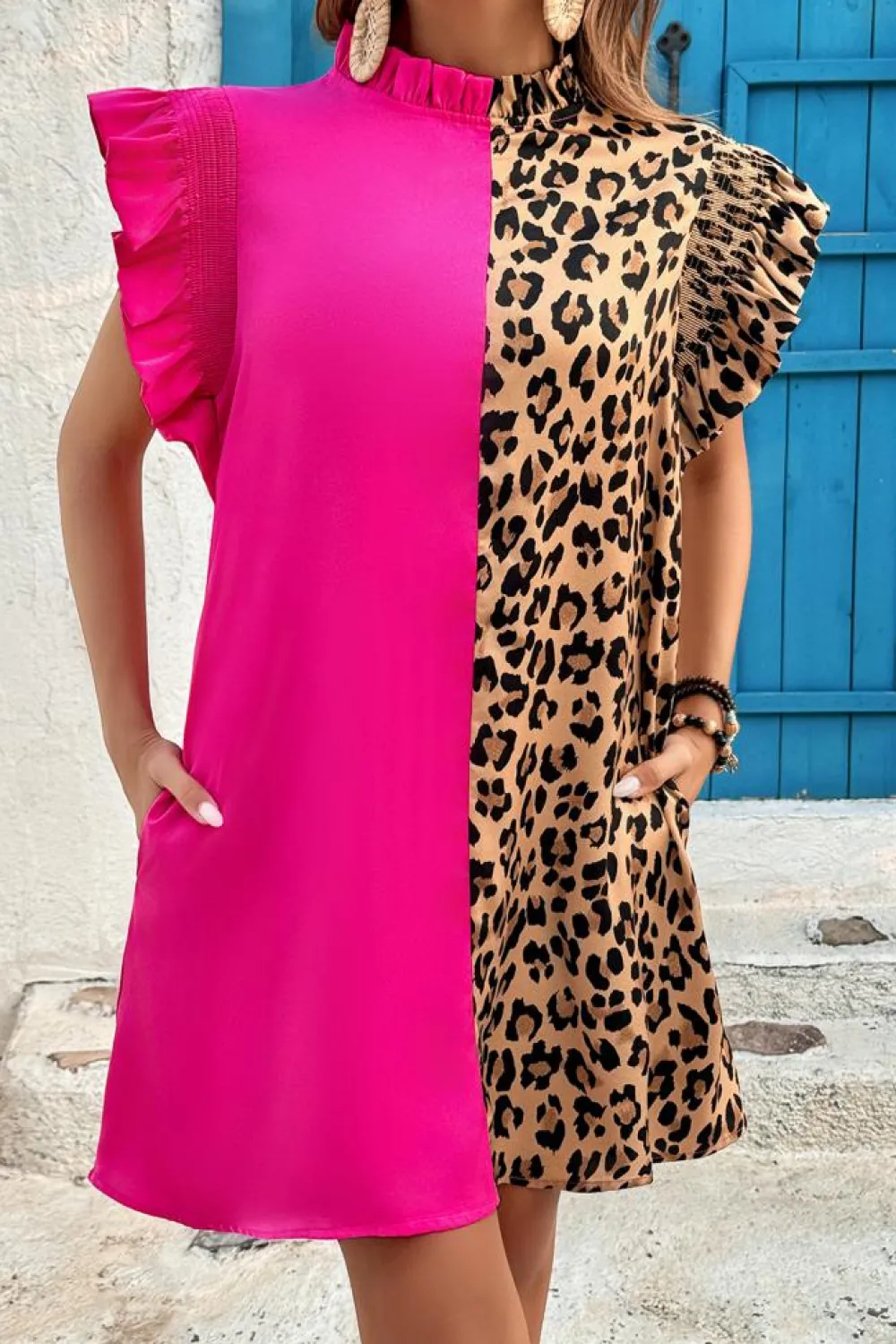 Online Dear-Lover Leopard Contrast Patchwork Ruffled Sleeve Short Shift Dress Rose Red