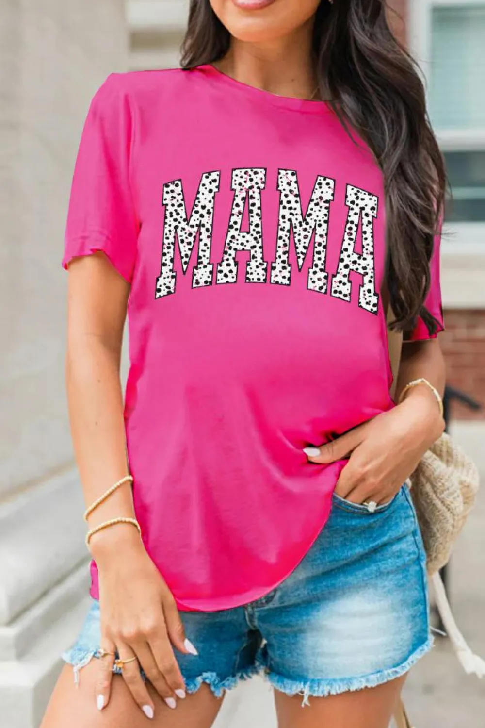 Best Dear-Lover Leopard MAMA Printed Crewneck Tee Rose Red