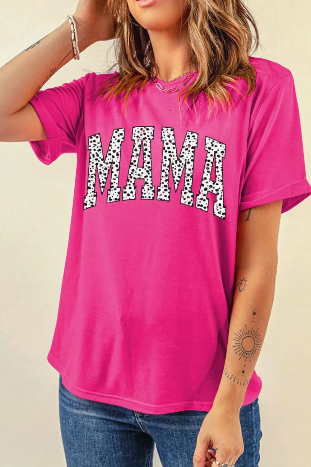 Best Dear-Lover Leopard MAMA Printed Crewneck Tee Rose Red
