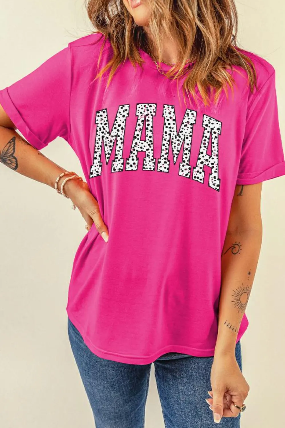 Best Dear-Lover Leopard MAMA Printed Crewneck Tee Rose Red
