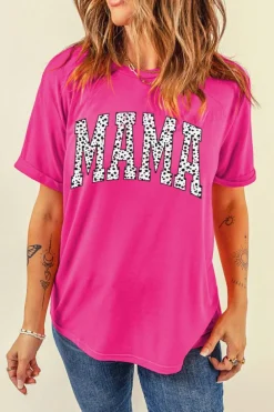 Best Dear-Lover Leopard MAMA Printed Crewneck Tee Rose Red