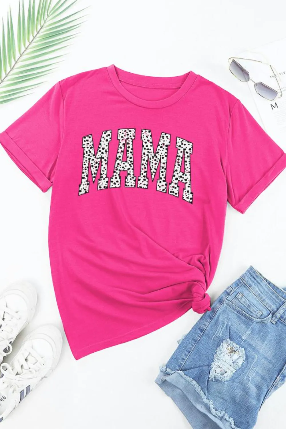 Best Dear-Lover Leopard MAMA Printed Crewneck Tee Rose Red