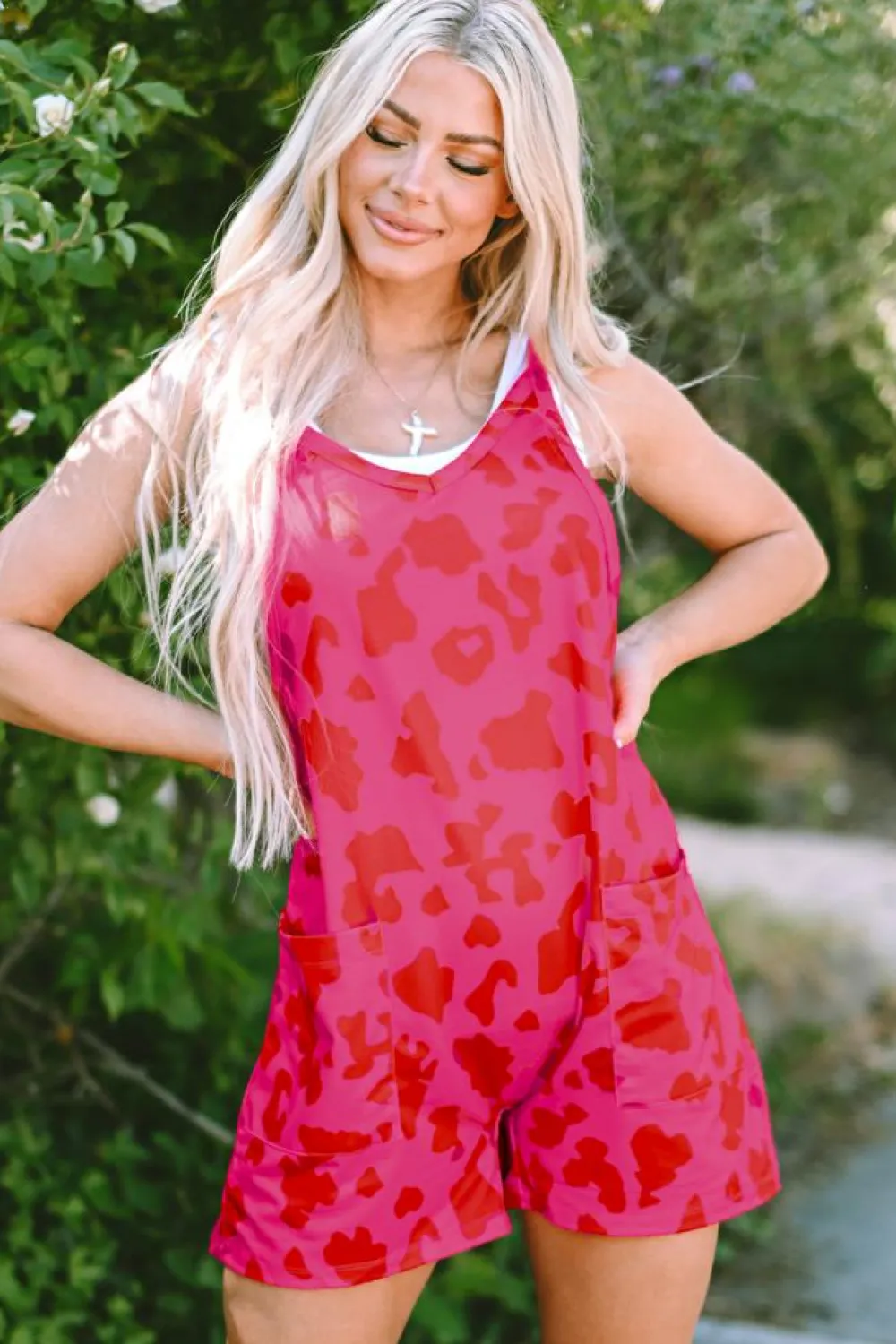 Online Dear-Lover Leopard Pocketed V Neck Sleeveless Romper Rose Red