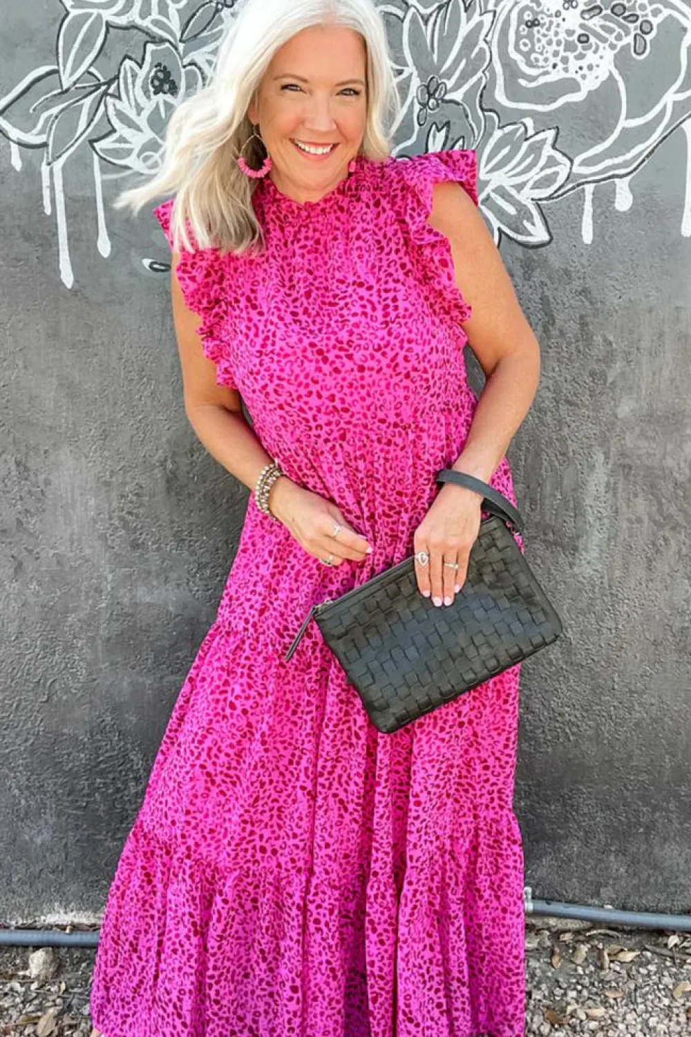 Sale Dear-Lover Leopard Print Ruffled Trim Tiered Maxi Dress Rose Red