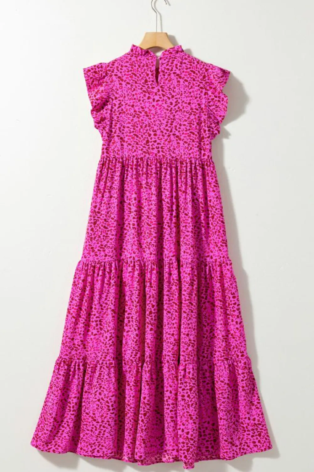Sale Dear-Lover Leopard Print Ruffled Trim Tiered Maxi Dress Rose Red
