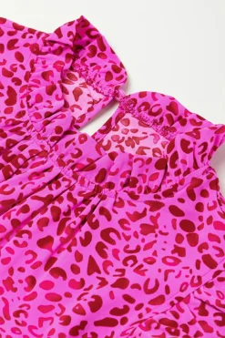 Sale Dear-Lover Leopard Print Ruffled Trim Tiered Maxi Dress Rose Red