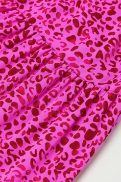 Sale Dear-Lover Leopard Print Ruffled Trim Tiered Maxi Dress Rose Red