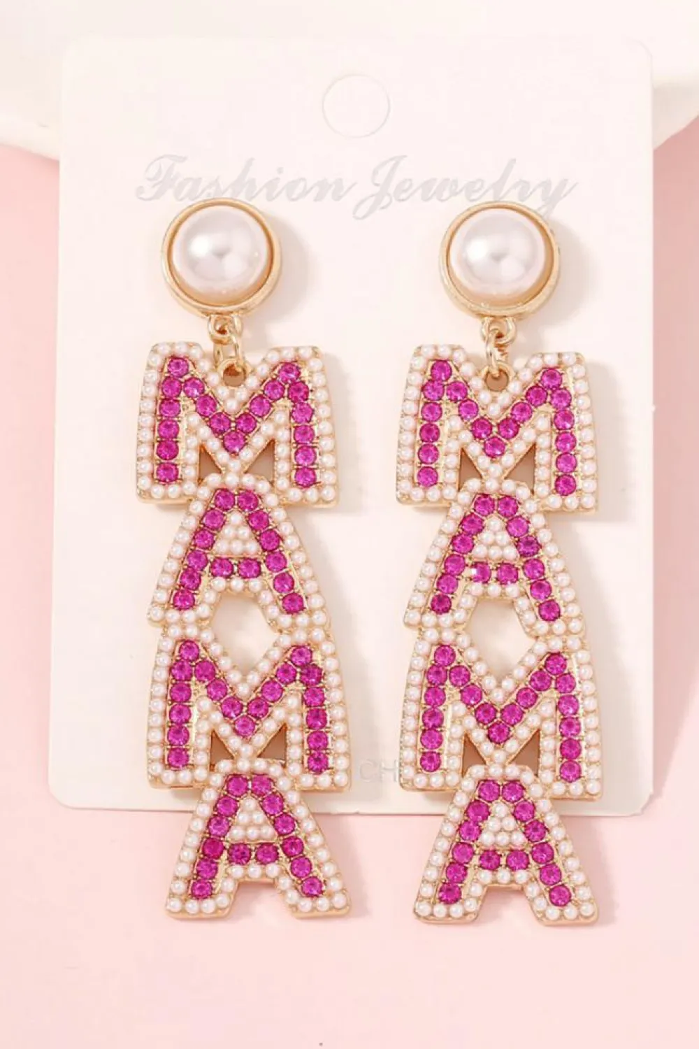 Outlet Dear-Lover MAMA Rhinestone Pearl Dangle Stud Earrings Rose Red