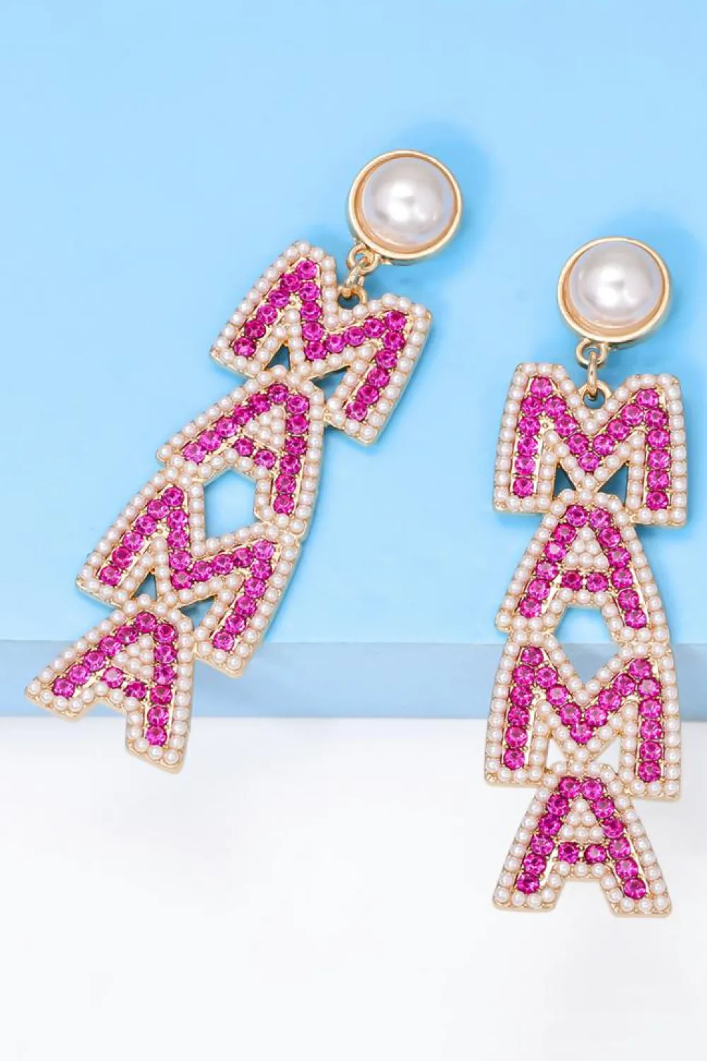 Outlet Dear-Lover MAMA Rhinestone Pearl Dangle Stud Earrings Rose Red