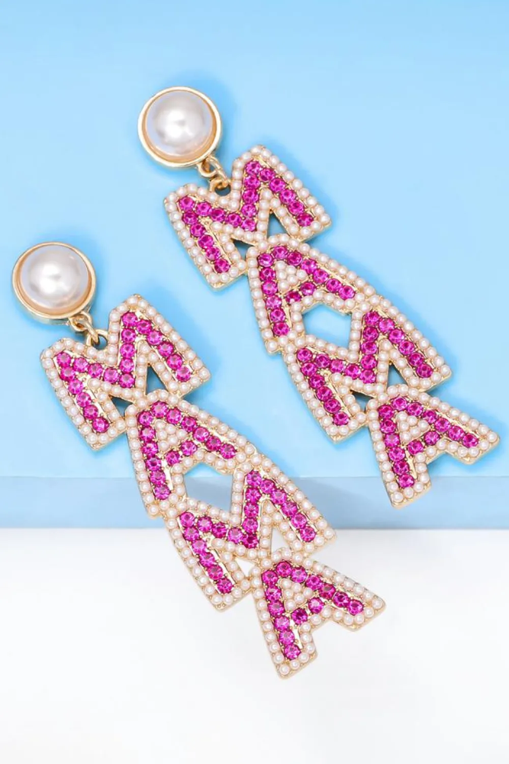 Outlet Dear-Lover MAMA Rhinestone Pearl Dangle Stud Earrings Rose Red