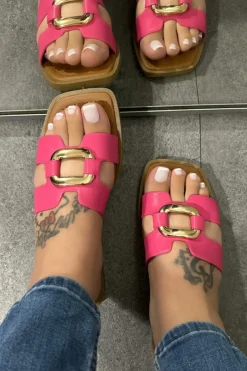 Hot Dear-Lover Metal Decor Cut Out Square Toe Slippers Rose Red