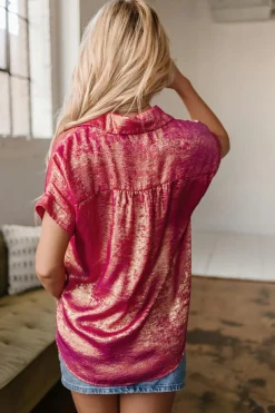 Online Dear-Lover Metallic Sheen Short Sleeve Buttoned Front Casual Shirt Rose Red