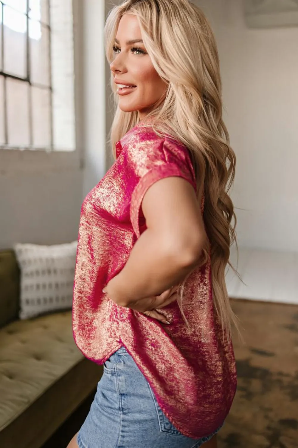 Online Dear-Lover Metallic Sheen Short Sleeve Buttoned Front Casual Shirt Rose Red