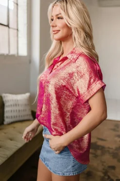 Online Dear-Lover Metallic Sheen Short Sleeve Buttoned Front Casual Shirt Rose Red