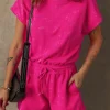 Best Dear-Lover Mineral Wash Drawstring Waist Hollow Out Back Short Sleeve Romper Rose Red