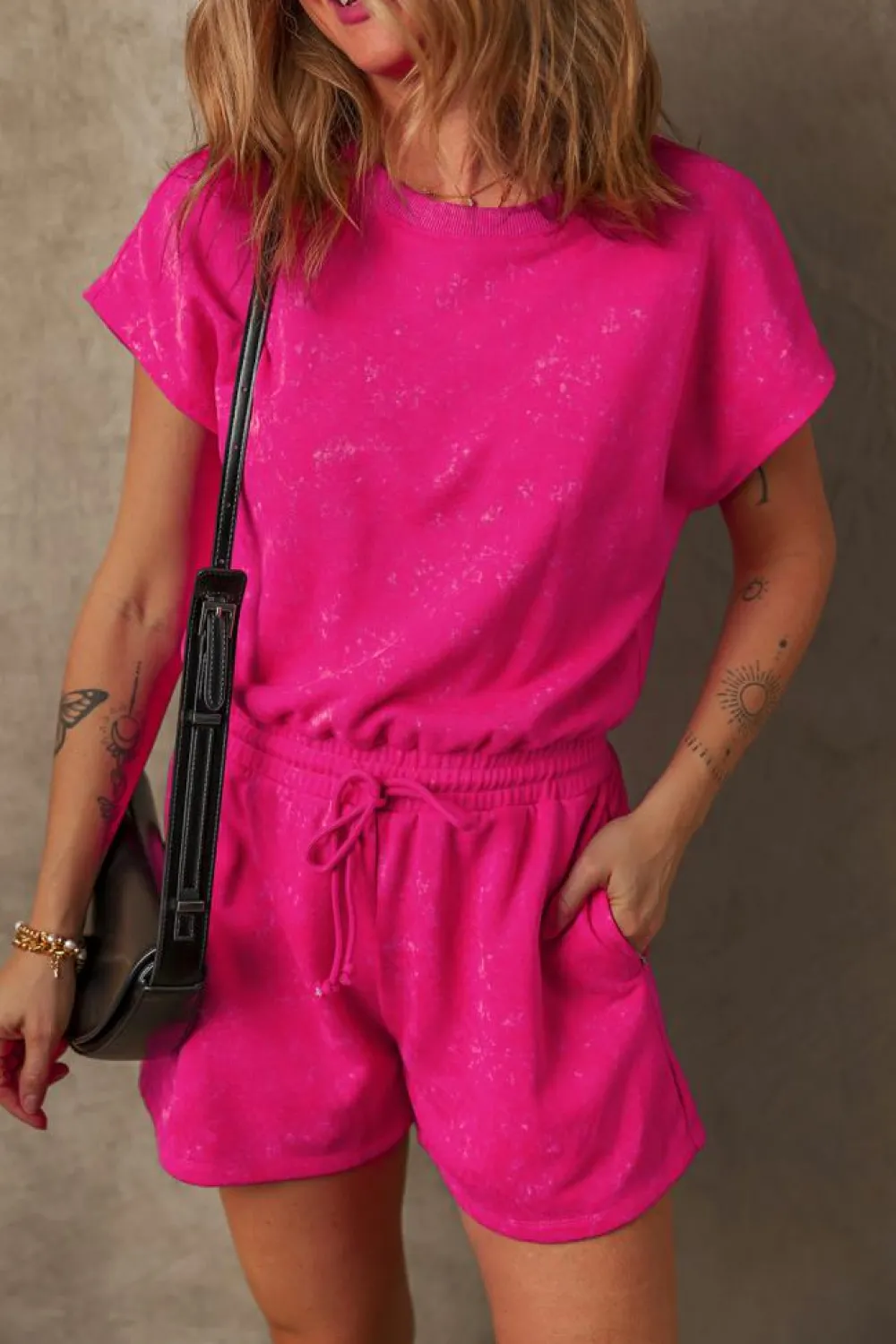Best Dear-Lover Mineral Wash Drawstring Waist Hollow Out Back Short Sleeve Romper Rose Red