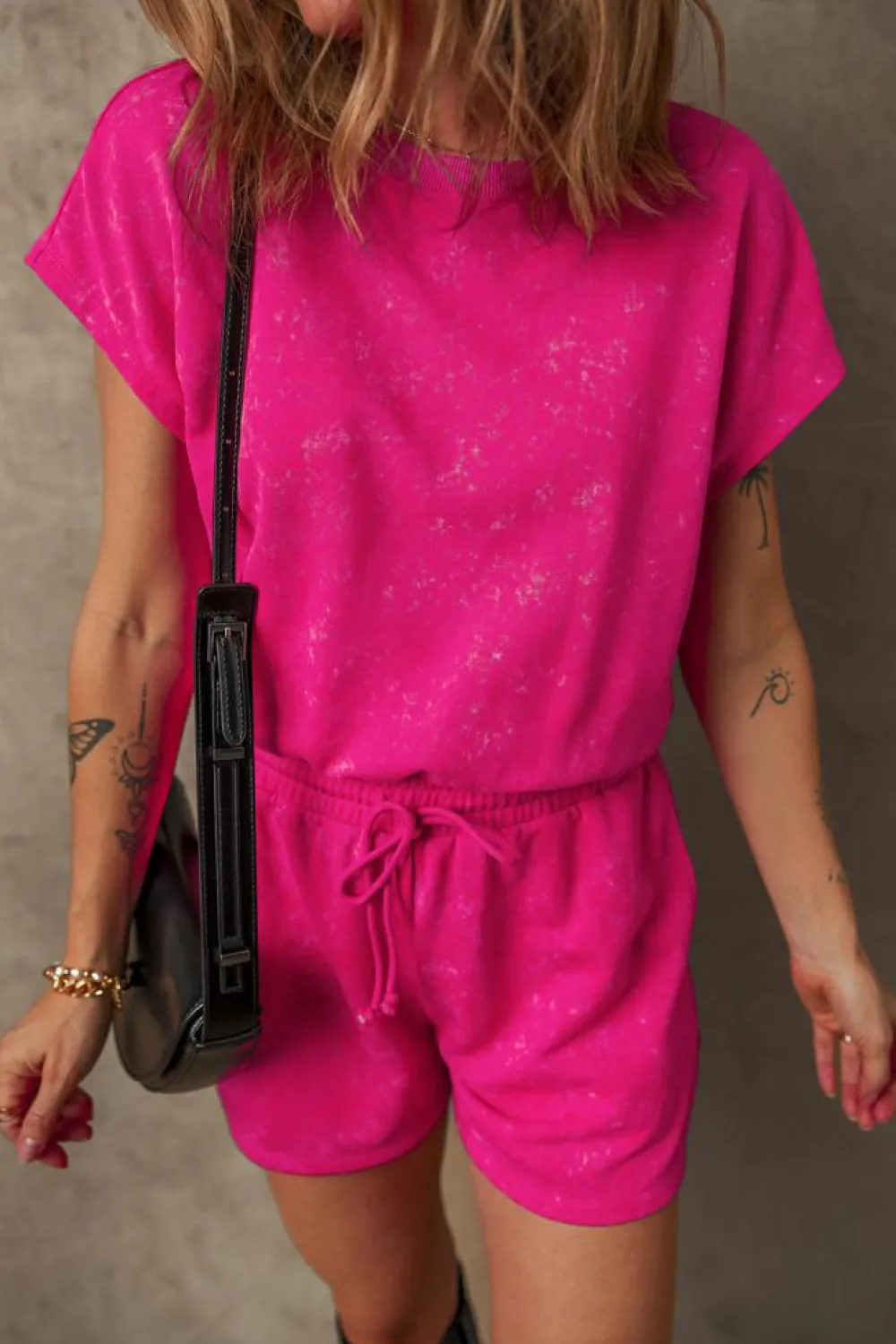 Best Dear-Lover Mineral Wash Drawstring Waist Hollow Out Back Short Sleeve Romper Rose Red