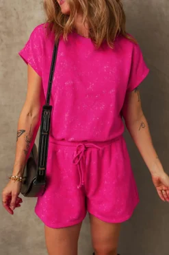 Best Dear-Lover Mineral Wash Drawstring Waist Hollow Out Back Short Sleeve Romper Rose Red