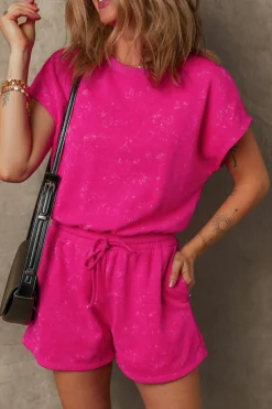 Best Dear-Lover Mineral Wash Drawstring Waist Hollow Out Back Short Sleeve Romper Rose Red