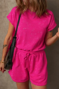 Best Dear-Lover Mineral Wash Drawstring Waist Hollow Out Back Short Sleeve Romper Rose Red