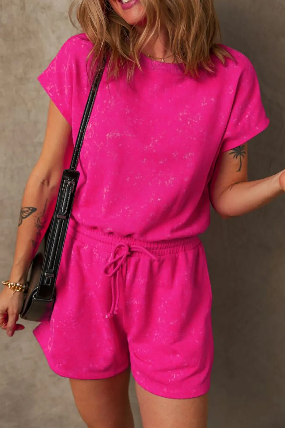 Best Dear-Lover Mineral Wash Drawstring Waist Hollow Out Back Short Sleeve Romper Rose Red