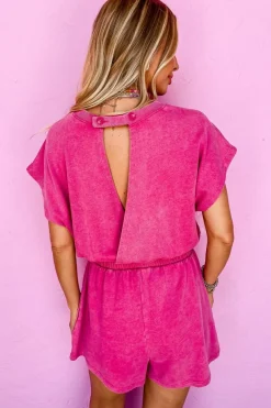 Best Dear-Lover Mineral Wash Drawstring Waist Hollow Out Back Short Sleeve Romper Rose Red
