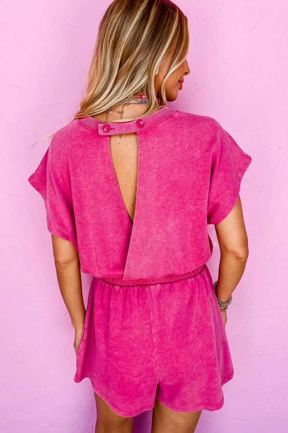 Best Dear-Lover Mineral Wash Drawstring Waist Hollow Out Back Short Sleeve Romper Rose Red