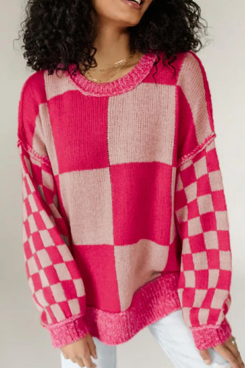 Clearance Dear-Lover Mixed Checkered Pattern Drop Shoulder Loose Sweater Rose Red