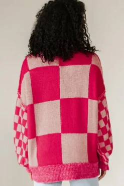 Clearance Dear-Lover Mixed Checkered Pattern Drop Shoulder Loose Sweater Rose Red
