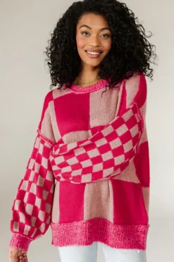 Clearance Dear-Lover Mixed Checkered Pattern Drop Shoulder Loose Sweater Rose Red