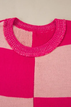 Clearance Dear-Lover Mixed Checkered Pattern Drop Shoulder Loose Sweater Rose Red