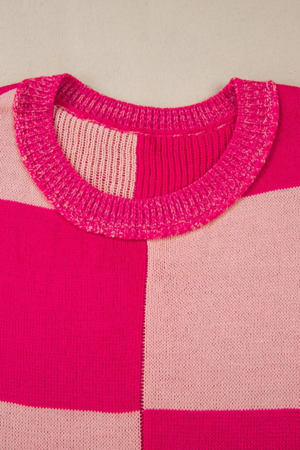 Clearance Dear-Lover Mixed Checkered Pattern Drop Shoulder Loose Sweater Rose Red
