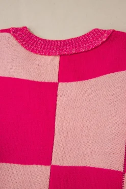 Clearance Dear-Lover Mixed Checkered Pattern Drop Shoulder Loose Sweater Rose Red