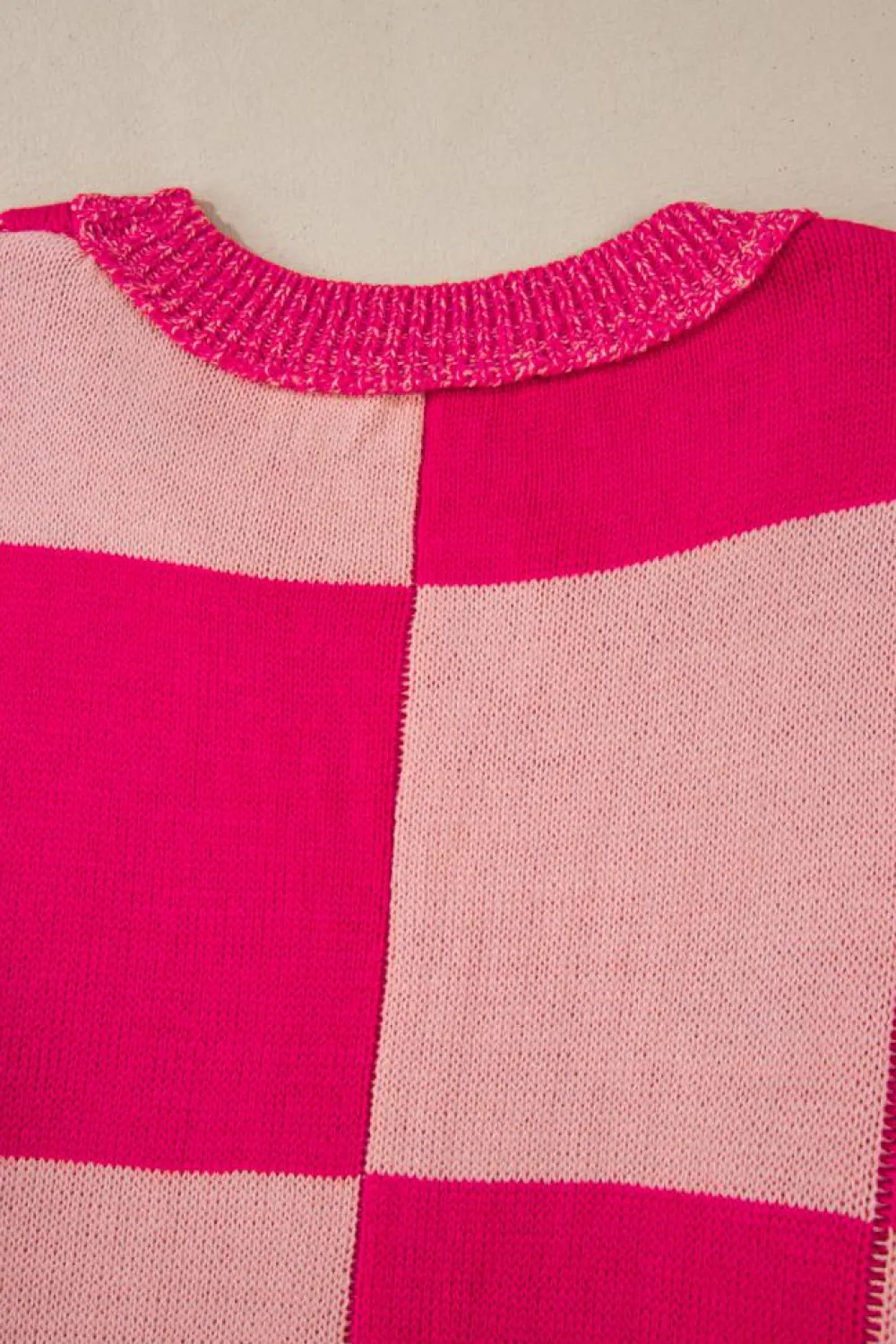 Clearance Dear-Lover Mixed Checkered Pattern Drop Shoulder Loose Sweater Rose Red