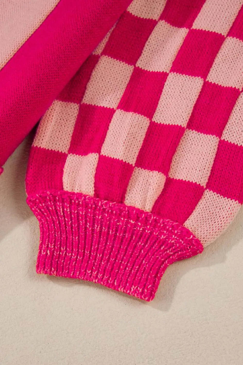 Clearance Dear-Lover Mixed Checkered Pattern Drop Shoulder Loose Sweater Rose Red
