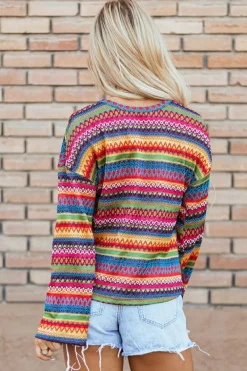 Clearance Dear-Lover Multicolor Jacquard Geo Long Sleeve T Shirt Rose Red