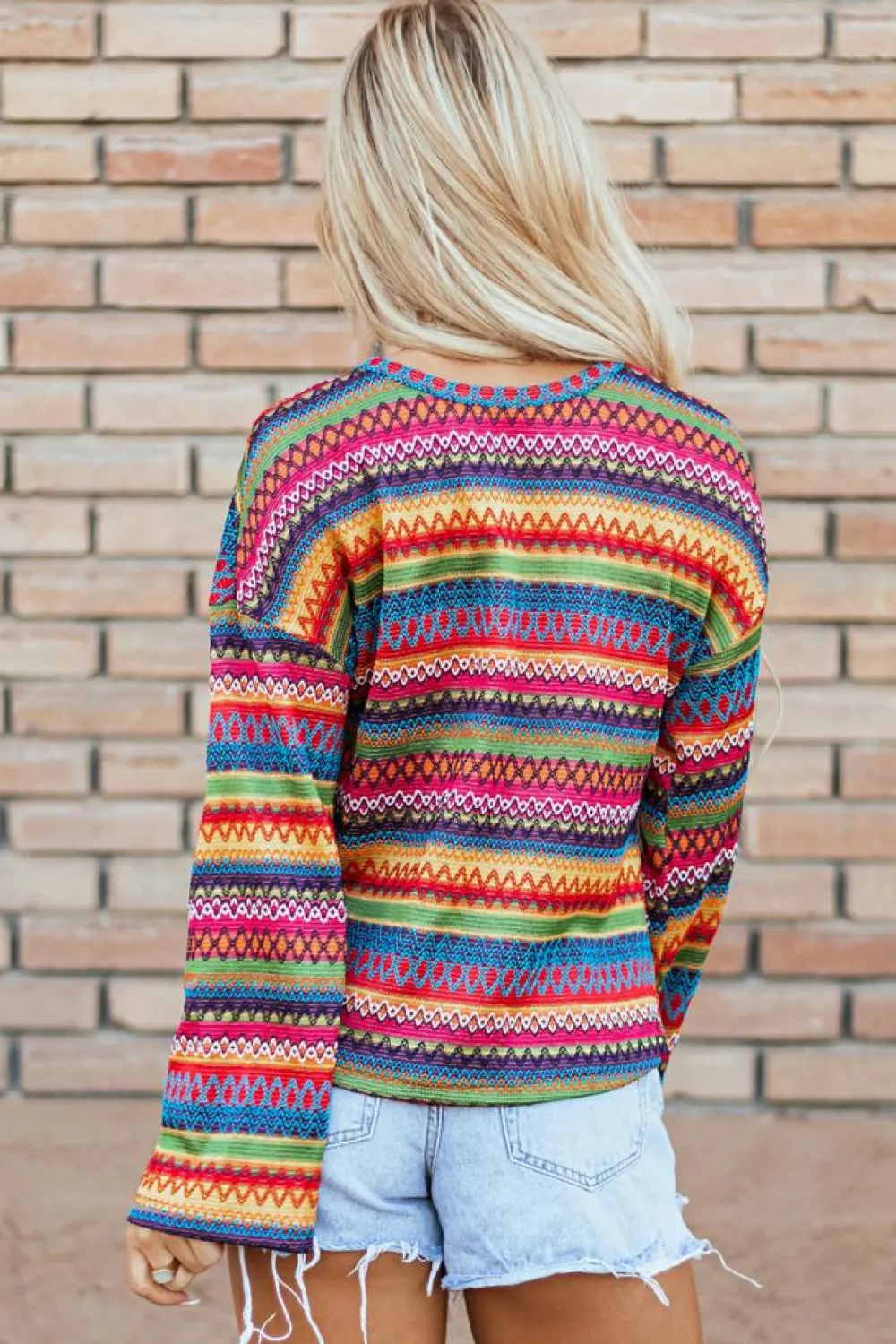Clearance Dear-Lover Multicolor Jacquard Geo Long Sleeve T Shirt Rose Red