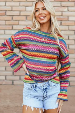 Clearance Dear-Lover Multicolor Jacquard Geo Long Sleeve T Shirt Rose Red