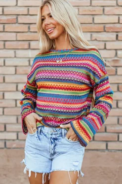 Clearance Dear-Lover Multicolor Jacquard Geo Long Sleeve T Shirt Rose Red