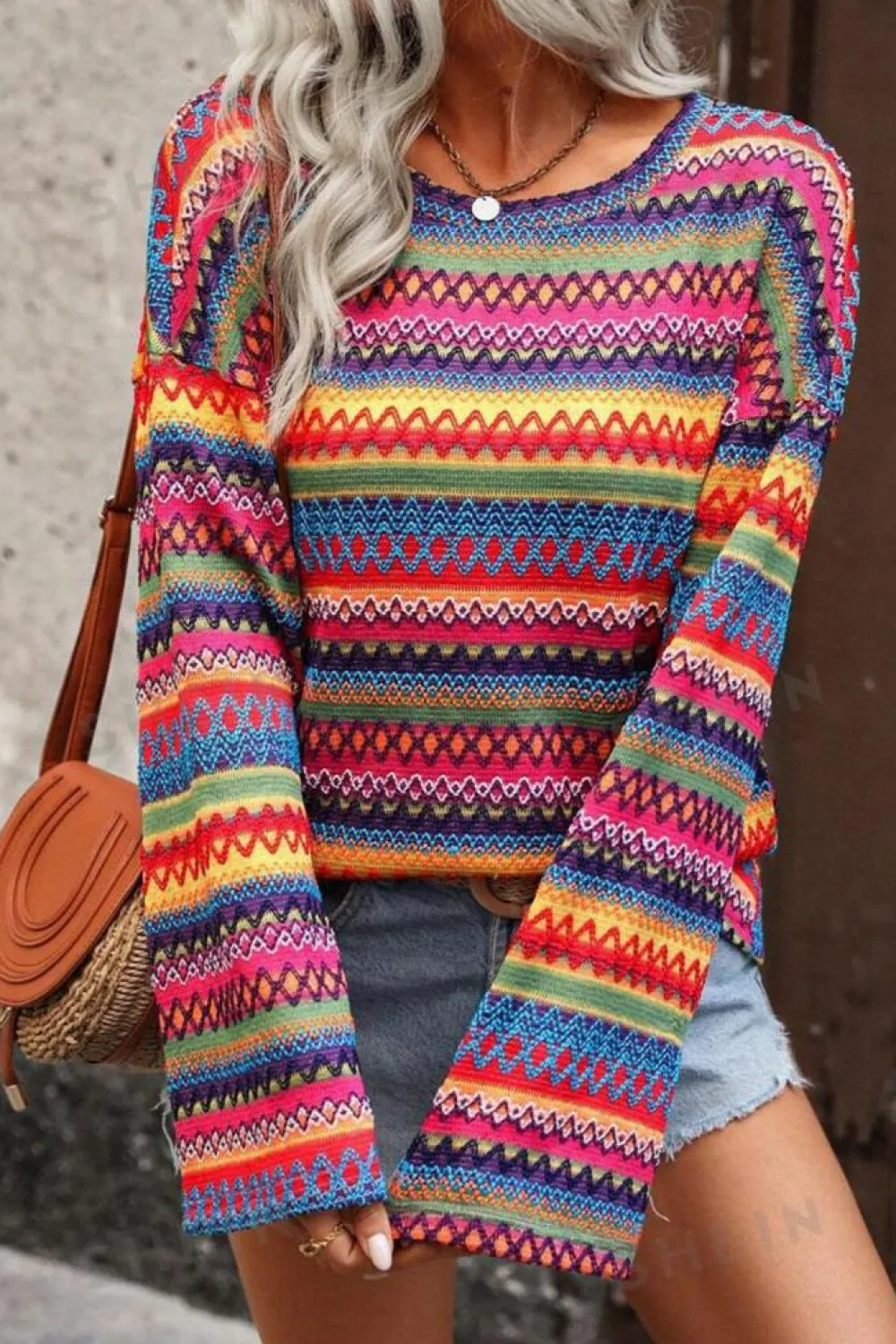 Clearance Dear-Lover Multicolor Jacquard Geo Long Sleeve T Shirt Rose Red