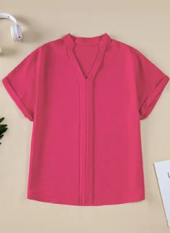 Best Dear-Lover Notched Neck Batwing Sleeve Lightweight Blouse Rose Red