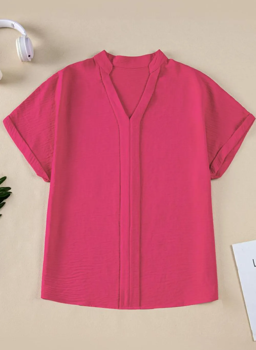 Best Dear-Lover Notched Neck Batwing Sleeve Lightweight Blouse Rose Red