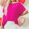 Sale Dear-Lover Oversized Color Block Boat Neck Tunic Blouse Rose Red