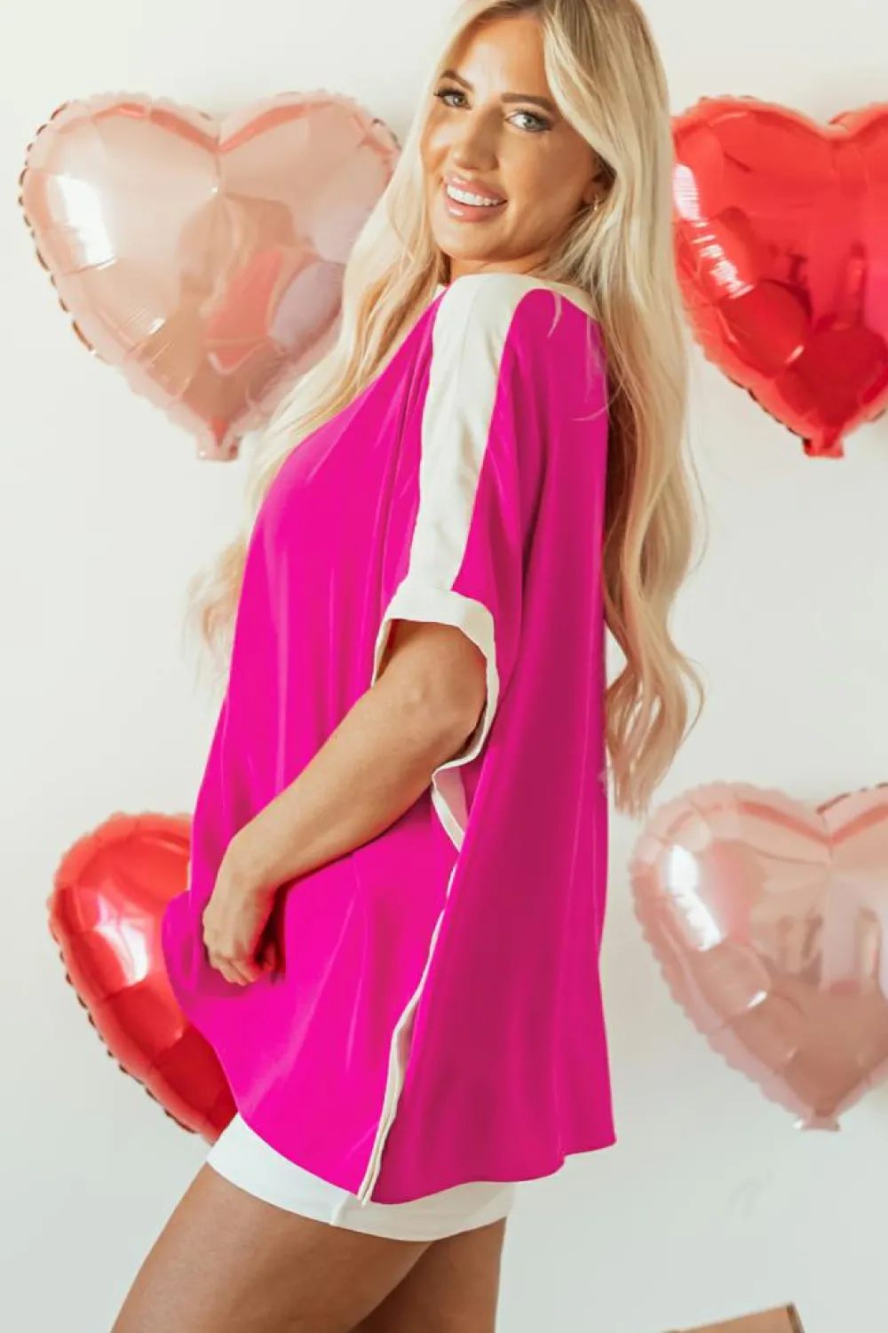 Sale Dear-Lover Oversized Color Block Boat Neck Tunic Blouse Rose Red