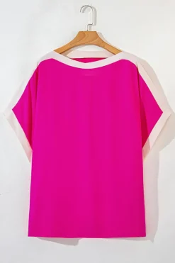 Sale Dear-Lover Oversized Color Block Boat Neck Tunic Blouse Rose Red