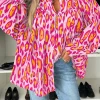Sale Dear-Lover Oversized Leopard Print Balloon Sleeve Casual Shirt Rose Red