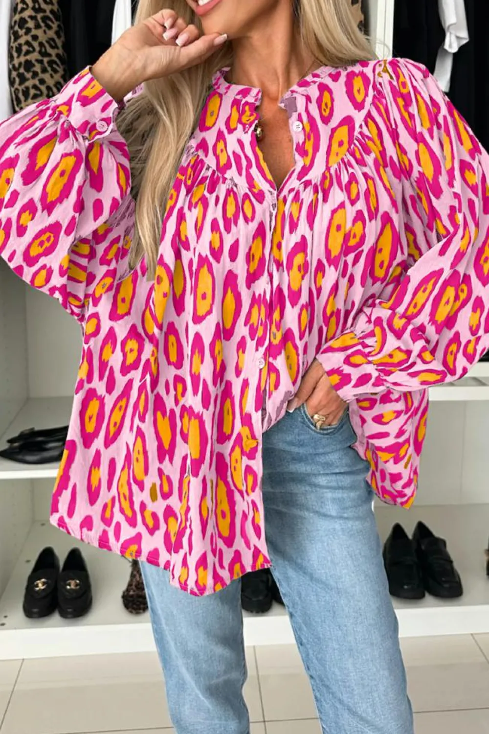 Sale Dear-Lover Oversized Leopard Print Balloon Sleeve Casual Shirt Rose Red