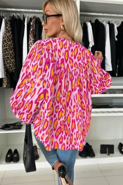 Sale Dear-Lover Oversized Leopard Print Balloon Sleeve Casual Shirt Rose Red