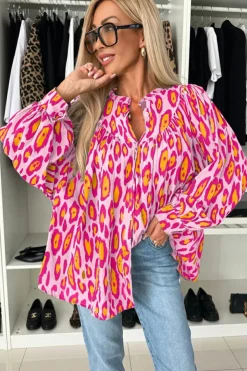Sale Dear-Lover Oversized Leopard Print Balloon Sleeve Casual Shirt Rose Red