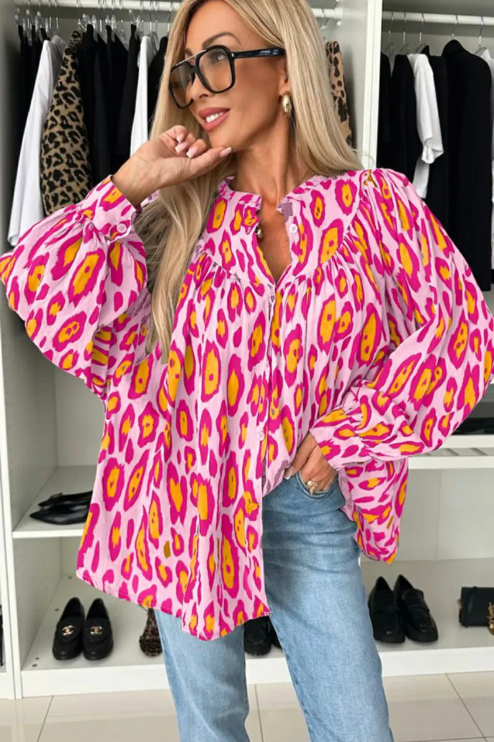 Sale Dear-Lover Oversized Leopard Print Balloon Sleeve Casual Shirt Rose Red